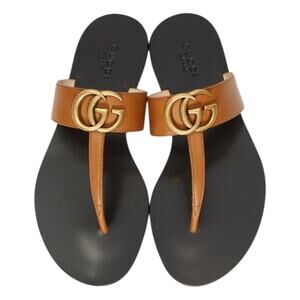 Gucci Leather Thong Sandals Gold Double G Logo Orange Brown Size 37